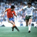 1982 World Cup Finals. Valencia, Spain. 25th June, 1982. Spain 0 v Northern Ireland 1. Spain’s Juan Juanito beats Northern Ireland’s Norman Whiteside